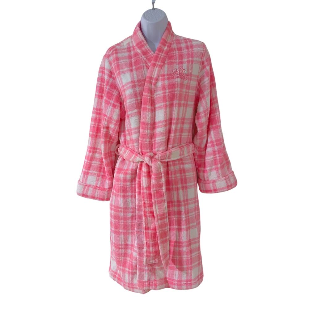Lauren Ralph Lauren Monogram Bath Robe Size M Pink Plush Belted Pockets Womens